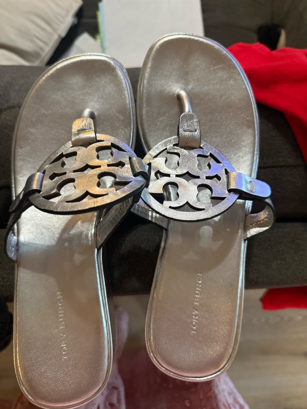 Tory Burch Iridescent Silver Logo Thong Sandals